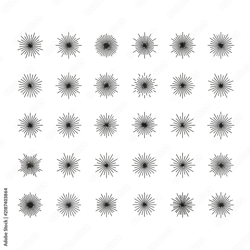 Obraz premium Set of 30 Black Sunburst Starburst Raysburst Elements, Hand Drawn Style, Isolated on White