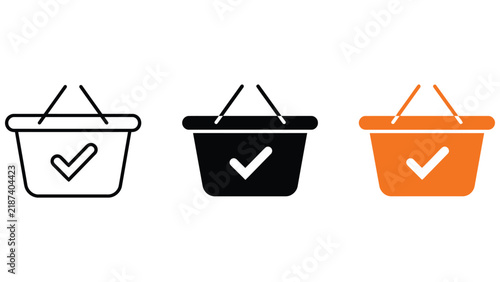Three shopping basket with a checkmark symbol, displayed in outline, solid black, and solid orange styles on a white background