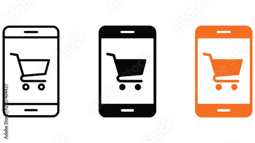 Three smartphone featuring a shopping cart symbol on the screen, shown in outline, solid black, and orange styles for mobile commerce