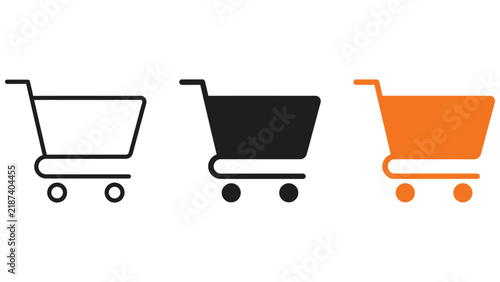 Three shopping cart for e-commerce websites, featuring outline, solid black, and orange variations isolated on a white background