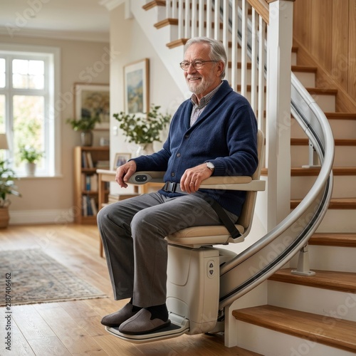 Elderly Man Smiling While Riding a Stairlift Up a Curved Staircase in a Home.