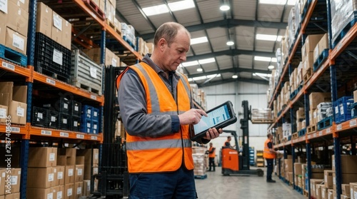 Warehouse worker in high-visibility vest uses tablet to manage inventory among tall shelves filled with boxes and forklifts in motion.