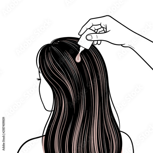Minimalist Line Art Illustration of a Woman Applying Hair Serum or Oil Treatment to Long Dark Hair for Scalp Care and Hair Growth Maintenance in a Modern Lifestyle Concept