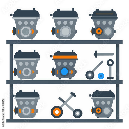 Set of Flat Vector Illustrations Showing Various Mechanical Engine Components and Internal Combustion Parts Arranged on Three Shelves with Minimalist Industrial Design Style