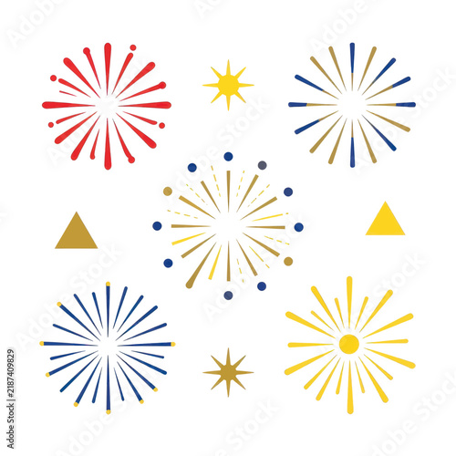 Abstract Colorful Fireworks Illustration Set with Geometric Stars and Shapes on White Background for Festive Celebration, New Year, Party, and Holiday Greeting Card Design Elements