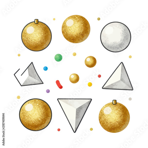 Set of Festive Watercolor Christmas Ornaments and Abstract Geometric Shapes Including Gold Spheres and Silver Triangles Isolated on White Background for Holiday Greeting Card Design