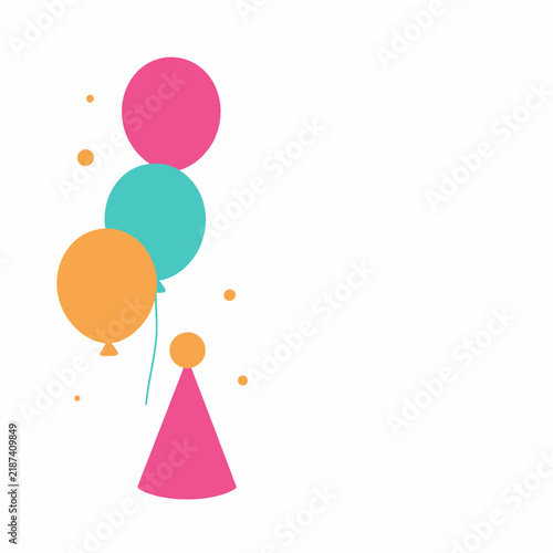 Festive Birthday Celebration Set Featuring Colorful Floating Balloons and a Pink Party Hat with Golden Glitter Confetti on a Plain White Background for Greeting Card Design