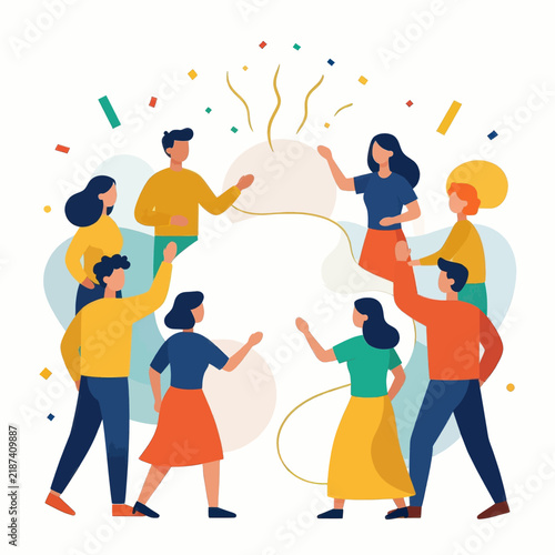Diverse Group of People Celebrating Together in a Joyful Circle with Colorful Confetti and Abstract Shapes for a Happy Community Party or Team Success Concept Illustration