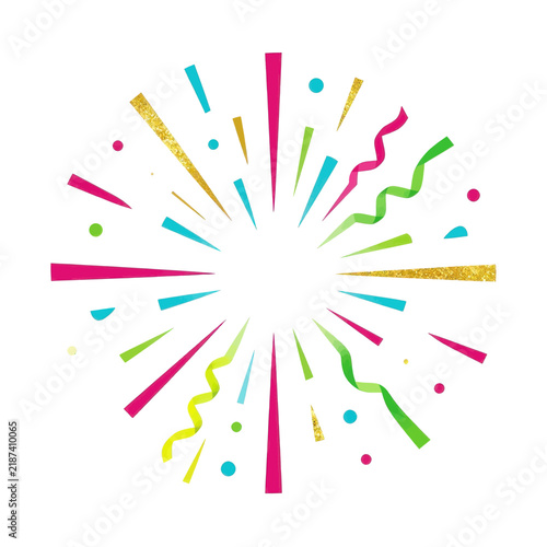 Colorful Confetti Burst and Streamers Explosion on White Background, Festive Celebration Graphic Design Elements with Gold Glitter Particles for Birthday and Party Decoration