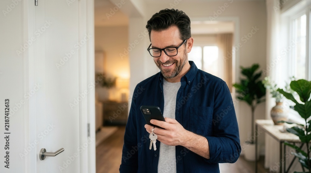 Fototapeta premium Smiling man holding a smartphone and keys near a white door inside his home.