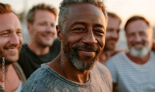 Smiling black man looking at camera with happy diverse male friends in soft golden hour light, celebrating friendship and community