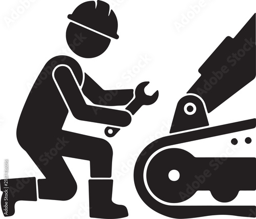 Black and white vector icon of a construction worker fixing machinery with a wrench
