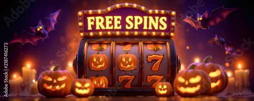 Halloween slot machine with glowing jack-o'-lanterns, flying bats, and burning candles, offering free spins concept