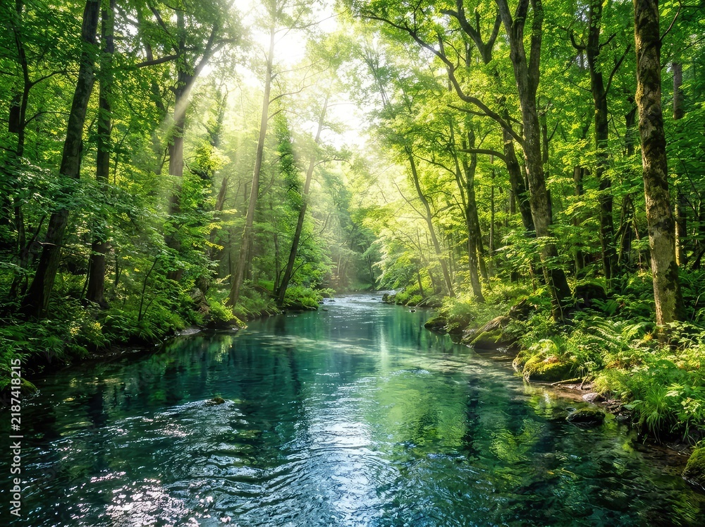Obraz premium Sunlight filters through dense green trees, casting rays onto a calm river winding through a serene forest creating a beautiful natural scene, dense forest, water surface, scenic