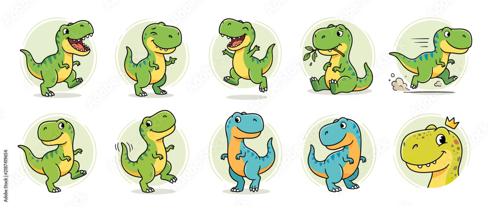 Obraz premium Cute Cartoon Dinosaurs in Various Poses, Isolated
