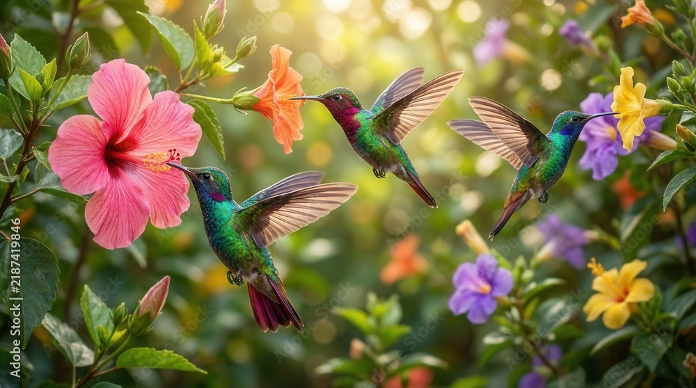 Obraz premium Vibrant hummingbirds hovering near colorful flowers in a sunny garden.