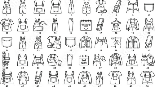 Collection of Various Childrens Clothing and Overalls Line Art Icons