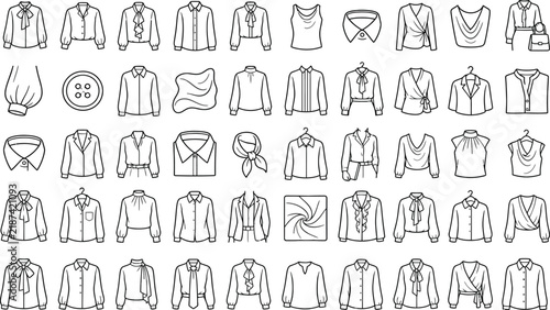 Collection of various blouse and shirt styles with different necklines and accessories isolated
