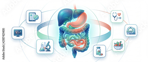 Digestive system medical infographic with internal organs depicting liver, stomach, and intestines surrounded by diagnostic healthcare icons for gastroenterology clinics and science education