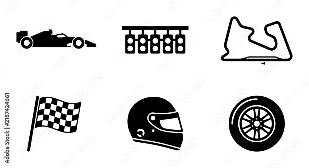 Obraz premium Formula 1 Racing Icons Set: Car, Track, Helmet, Flag, Lights, Wheel