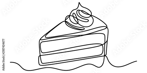 Whimsical single line drawing of a delicious slice of cake with frosting, representing celebration and sweet treats for food design.