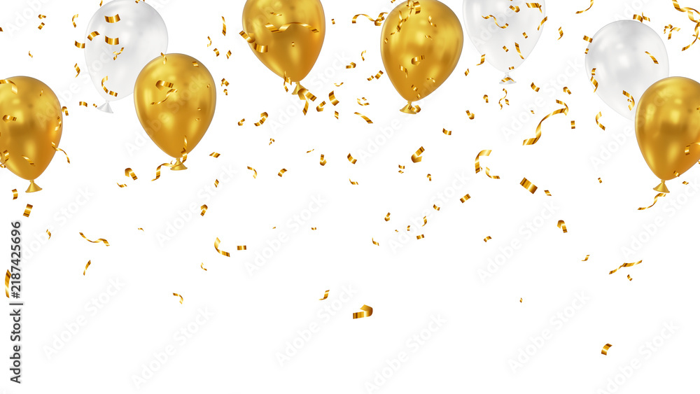 Obraz premium gold metallic balloons and confetti rain isolated on transparent background, png golden birthday party and anniversary celebration and sale overlay social media design element