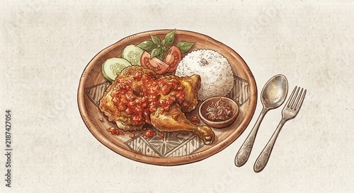 Traditional Indonesian Ayam Penyet Fried Chicken Illustration