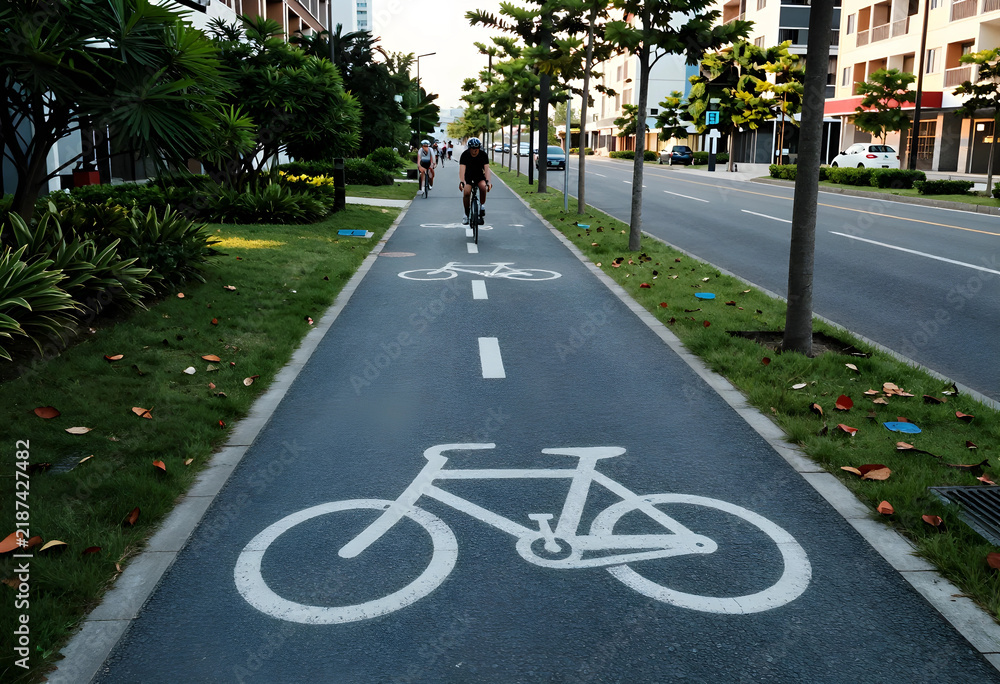 Obraz premium Sustainable urban mobility and healthy lifestyle, cyclists riding on a dedicated bike lane in a modern city with green infrastructure and road markings