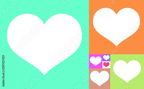 A modern geometric vector illustration featuring white heart silhouettes arranged according to the Fibonacci spiral and golden ratio sequence. The artwork consists of colorful rectangular blocks in vi
