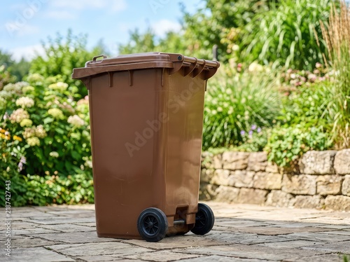 A brown plastic biotonne trash bin stands outdoors with its lid closed, ready for collection of organic kitchen food waste and garden scraps, process, outdoor, refuse