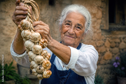 An older woman holds a long braid of dried garlic bulbs toward the camera, showing pale skins and woven stems in warm light. Traditional food preservation