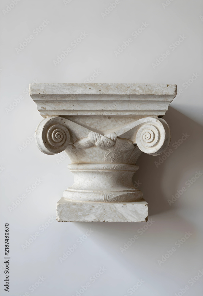 Obraz premium Architecture and history concept, classical ionic column capital made of beige marble stone isolated on a clean neutral background for interior design
