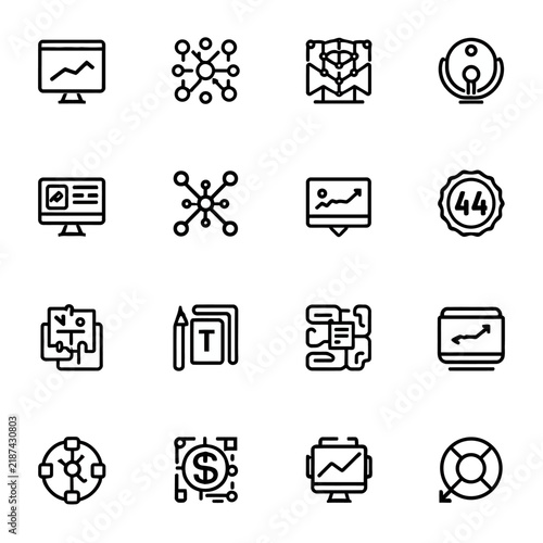 Business analytics line icon set featuring data charts connection network and progress.