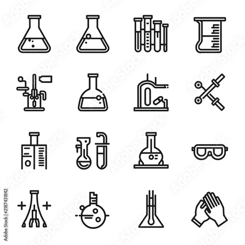 Minimal chemistry lab line icons representing scientific analysis and school experiments.