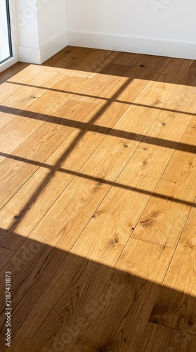 Natural wood plank flooring is bathed in warm sunlight, creating sharp, dark linear shadows from an unseen window across the clean surface, contemporary, space, grain