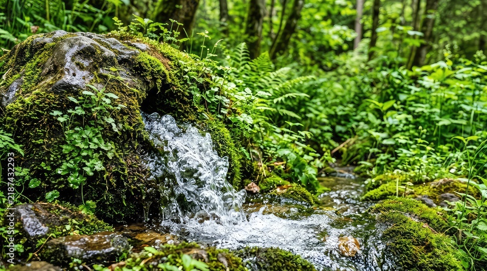 Fototapeta premium Sparkling, crystal-clear spring water bubbles up from a mossy rock, flowing through a vibrant, pristine forest ecosystem teeming with lush life, origin, forest, nature