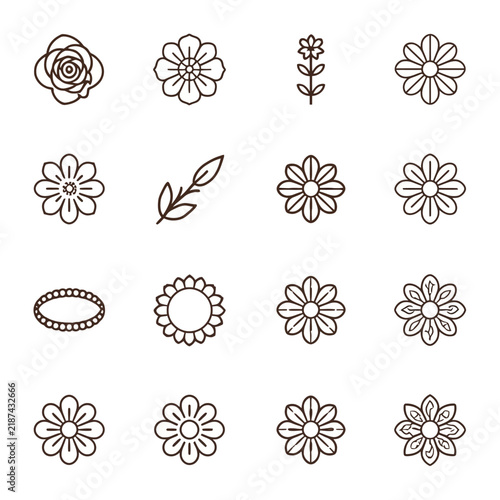 Minimalist floral icons set featuring various flower shapes for wedding design projects.