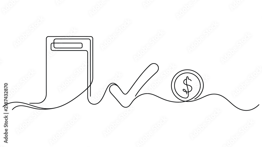 Obraz premium Single continuous line of a document, a check mark, and a dollar coin, representing financial approval, payment success, and budget