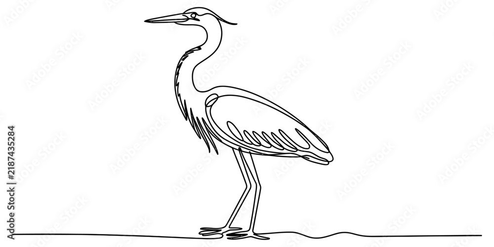 Obraz premium Continuous one line art of a great blue heron standing gracefully, representing wildlife and natural habitat.