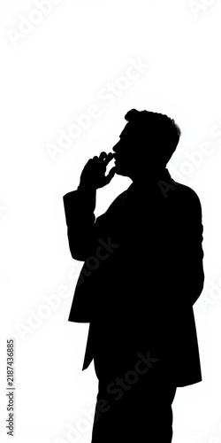 Silhouette of a businessman on phone call against white background, business meeting, neutral expression