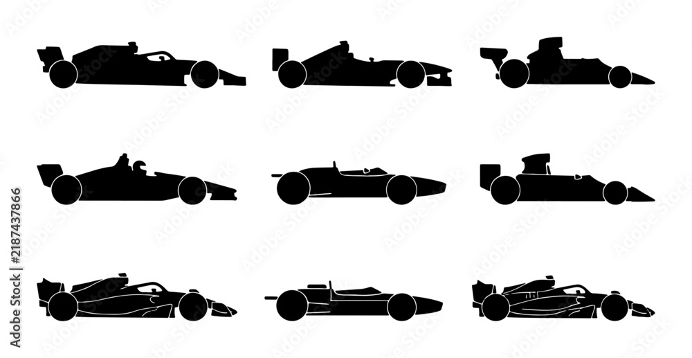 Obraz premium Formula 1 Race Cars, Speeding Sports Vehicles, Motorsport Icons, Vector Silhouettes