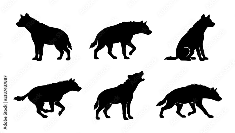 Obraz premium Hyena Silhouettes: Six Vector Poses of Wild Canids, African Wildlife Icons