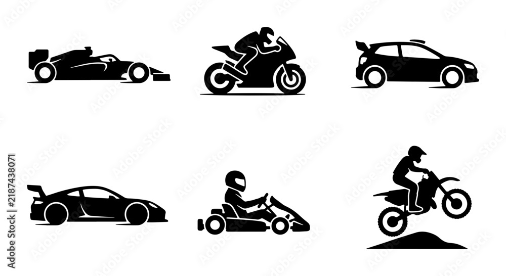 Fototapeta premium Racing Vehicles Vector Icons: Formula 1, Sports Car, Motorcycle, Dirt Bike, Go-Kart