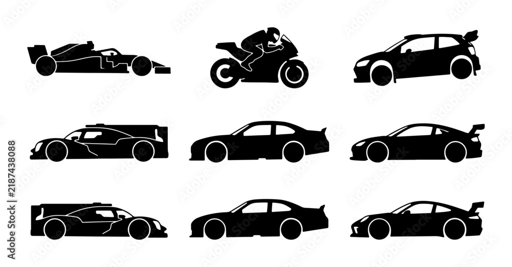 Obraz premium Racing Car and Motorcycle Icons, Sport Vehicle Silhouettes, Automotive Vector Set