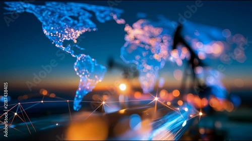 Digital world map with glowing energy connections and an oil pumpjack silhouette, representing global petroleum markets, extraction, trade and energy infrastructure