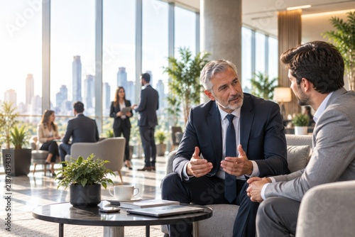 Two businessmen in suits having a focused conversation in a modern office lounge with a city skyline view and colleagues networking in the background.
