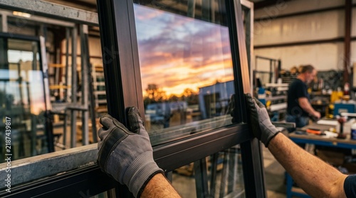 Worker assembling glass window frame in an industrial manufacturing plant