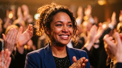 Smiling woman receiving applause from enthusiastic audience at event