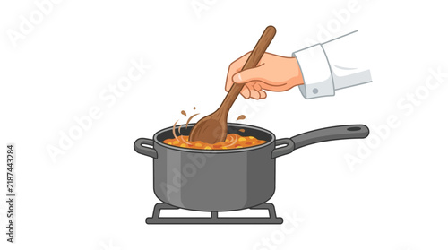 Chef stirring food in pot with wooden spoon, cooking process, kitchen scene