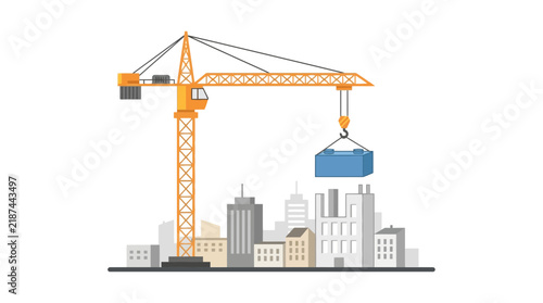 Construction Crane Lifting Cargo Over City Skyline